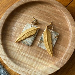 Faux Stone Golden Feather Clay Earrings